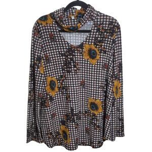 Watermelon Houndstooth Sunflower Print Long Sleeve Choker Top Women's 2XL